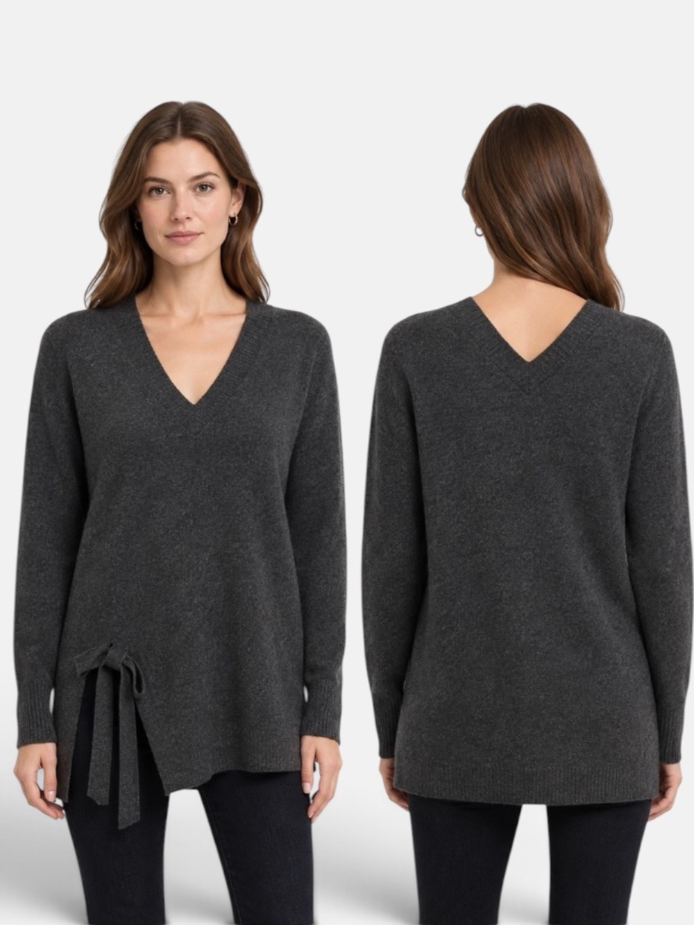 InCashmere Cashmere Long Sweater Gray V-Neck Tie Split Hem Relaxed Fit size S